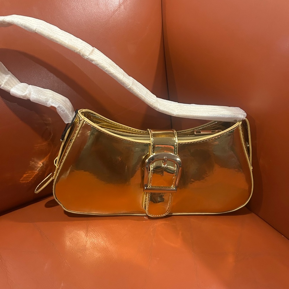 AKIRA Metallic Gold Shoulder Bag with Buckle Detail